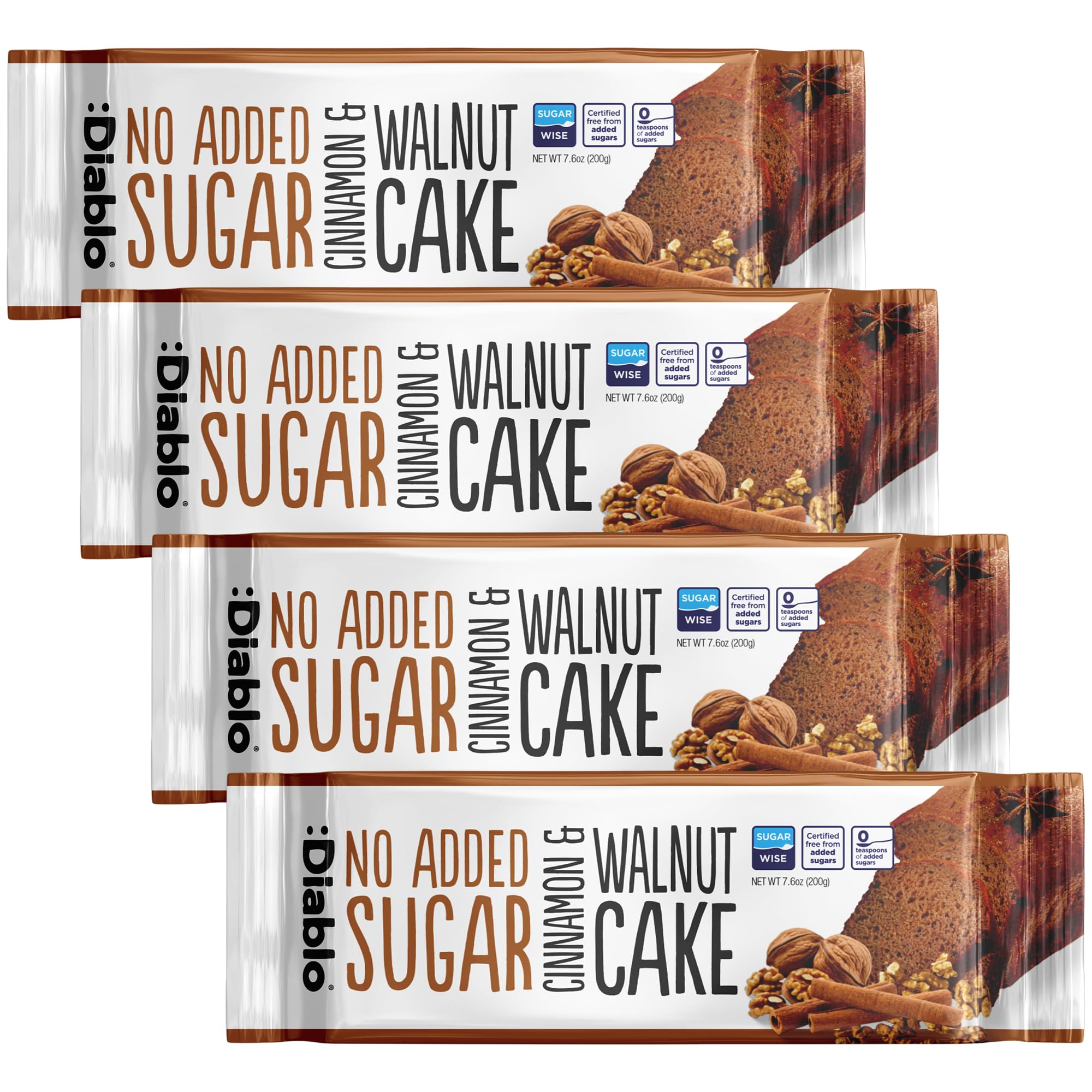 Diablo No Added Sugar Cinnamon & Walnut Cake – Healthy Snacks Sweet Treat, Cakes and Desserts for All, Ideal for Snack Time, Tea & Party Treat, Halal & Kosher Approved – 200g (Pack of 4)