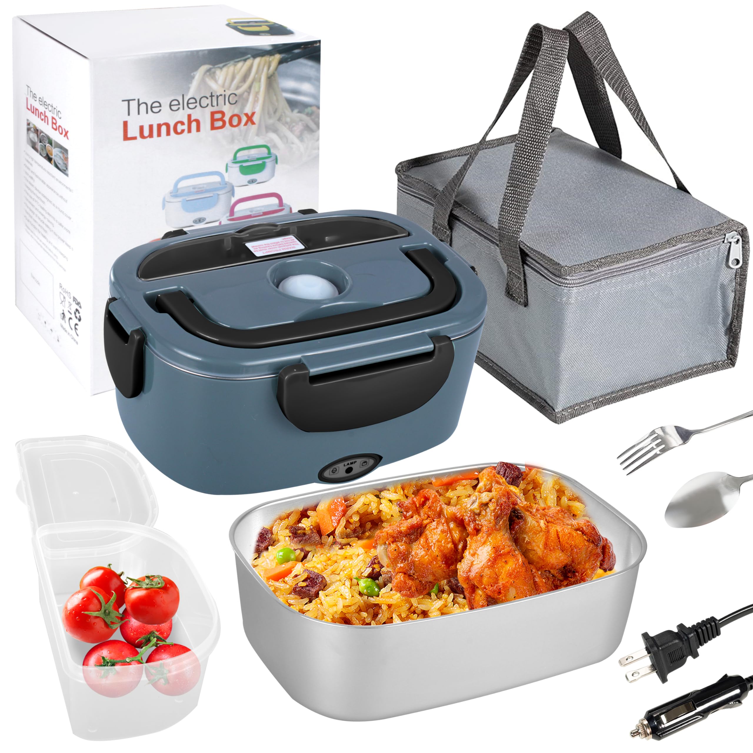 80W Electric Lunch Box 1.5L Container Food Warmer Heater, 12V/24V/110V Heated Lunchbox for Car/Truck/Work with 0.45L Compartment, Stainless Steel Spoon & Fork, Insulated Bag