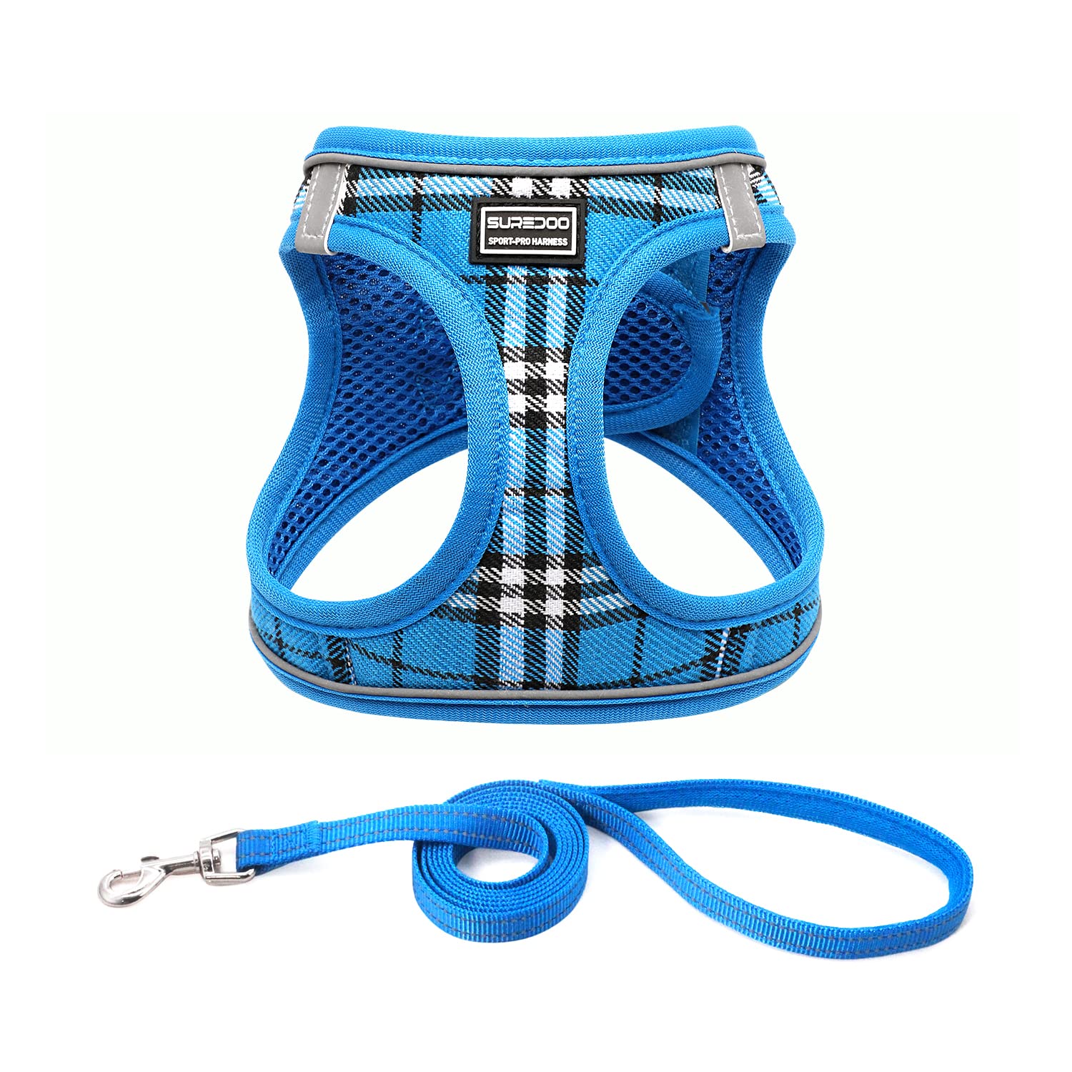Suredoo Dog Harness and Lead Set, Step-in Breathable Reflective Puppy Cat Dog Vest Harnesses for Small Dogs (XL, Blue Plaid - Image 2