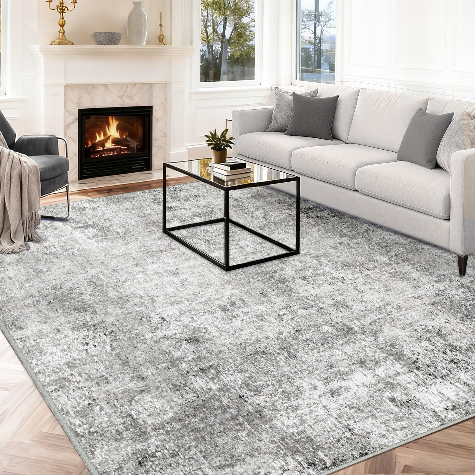 INOVADAY Washable Rugs Living Room 200x300 cm Modern Abstract Rug with Soft Low Pile Vacuum Friendly Non Slip Backing Minimalist Carpet for Lounge Bedroom Dining Room Home Office Grey/White