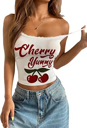 Women's Fitted Round Neck Cami Top Y2k Cherry Letter Print Lace Trim ...