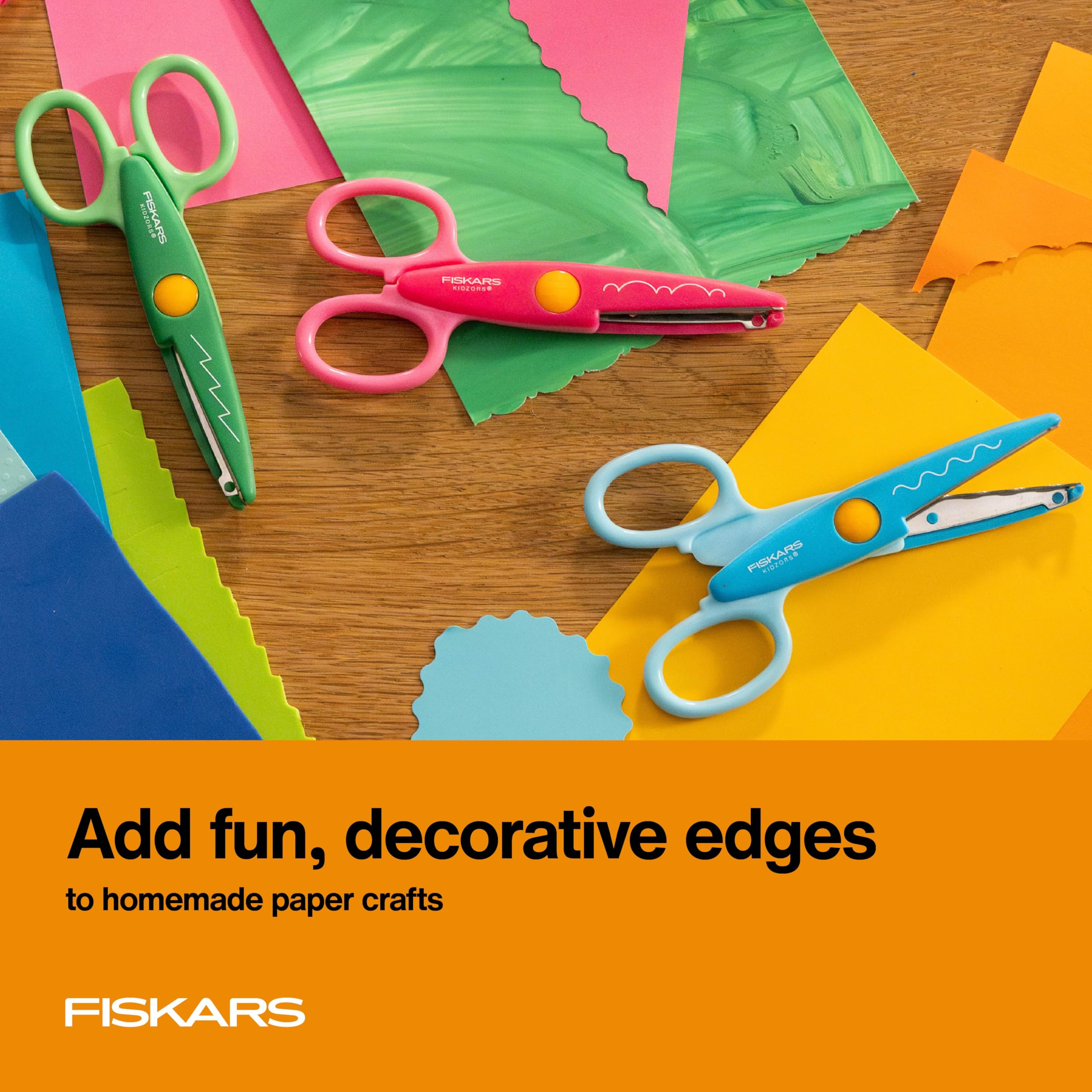 Fiskars Kidzors Paper Edgers Scissors – Decorative Scissors for Paper, Cardstock, & Crafts, For Crafting and School Supplies, 5 inches, 3 Pack
