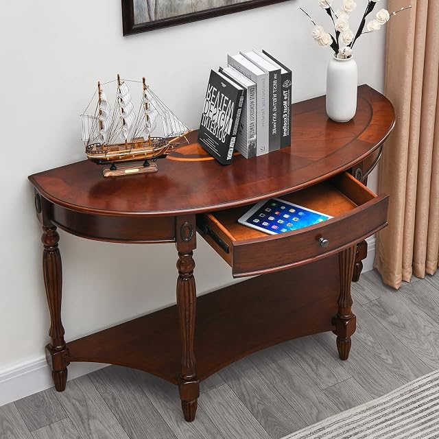 MODERION Solid Wood Console Table with Drawer Semi-Circle Entryway Storage Shelf Half-Moon Carvings Side Elegant Vintage Sofa for