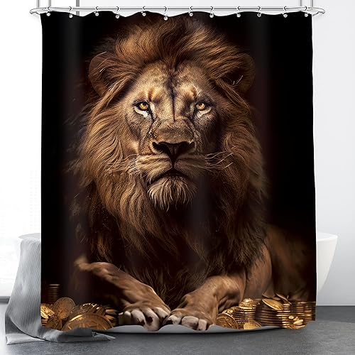 Miniatura 2 de KOMLLEX Cortina de ducha de león para decoración de baño, 60 pulgadas de ancho x 72 pulgadas de alto, monedas doradas, rey africano, masculino,
