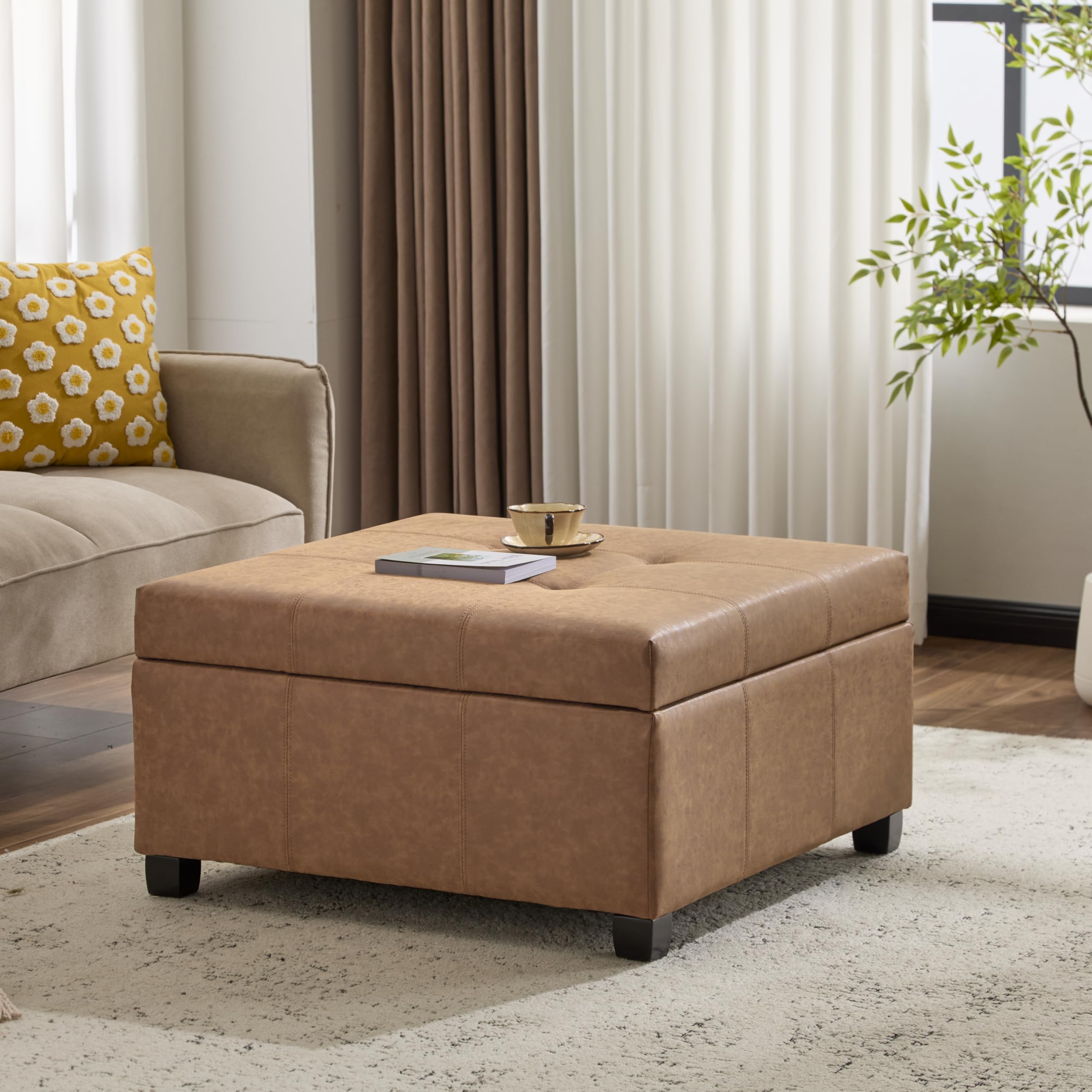 Christopher Knight Home Lorel Faux Leather Square Storage Ottoman Coffee Table, Wooden Ottoman with Storage, Entryway Modern Ottoman Foot Stool, Toy