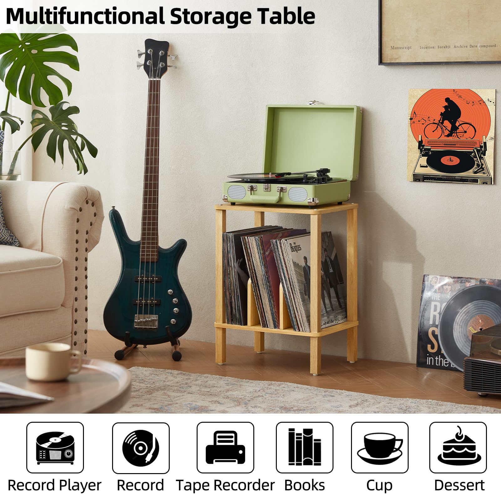 LELELINKY 2-Tier Stand de Disque en Bambou avec disques vinyles de Stockage jusqu'à 100 Albums, Porte-Disque Chambre Boho et Table d'extrémité Multifonctions pour Le Salon,Bois Naturel