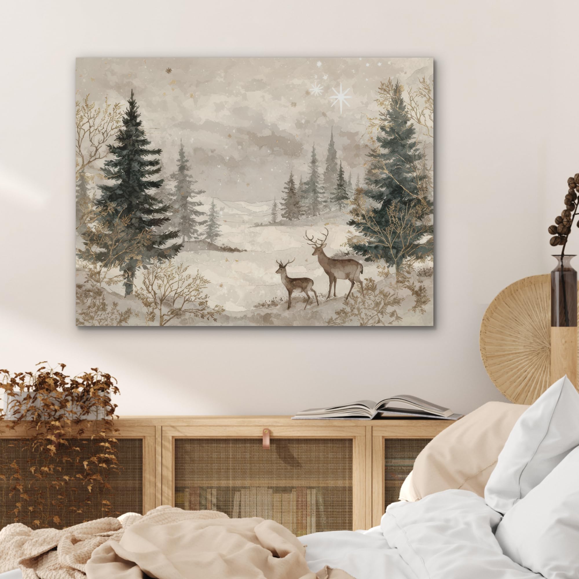 MuchoWow© Pannello Feltro Camera Letto Arredo Soggiorno Parete Moderna | 80x60 cm - Cornice Casa Elegante Decorazioni Natilizie Foresta - Cervo - Inverno - Neve