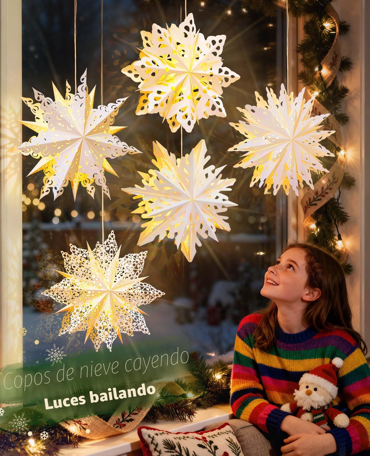 Luxspire Linterna Estrella de Papel de Navidad, 5 Pack Luces Colgantes de Copo de Nieve de Papel con Cuentas de Luz LED y Control Remoto, Linternas Decorativas Plegables para Fiestas Navideñas