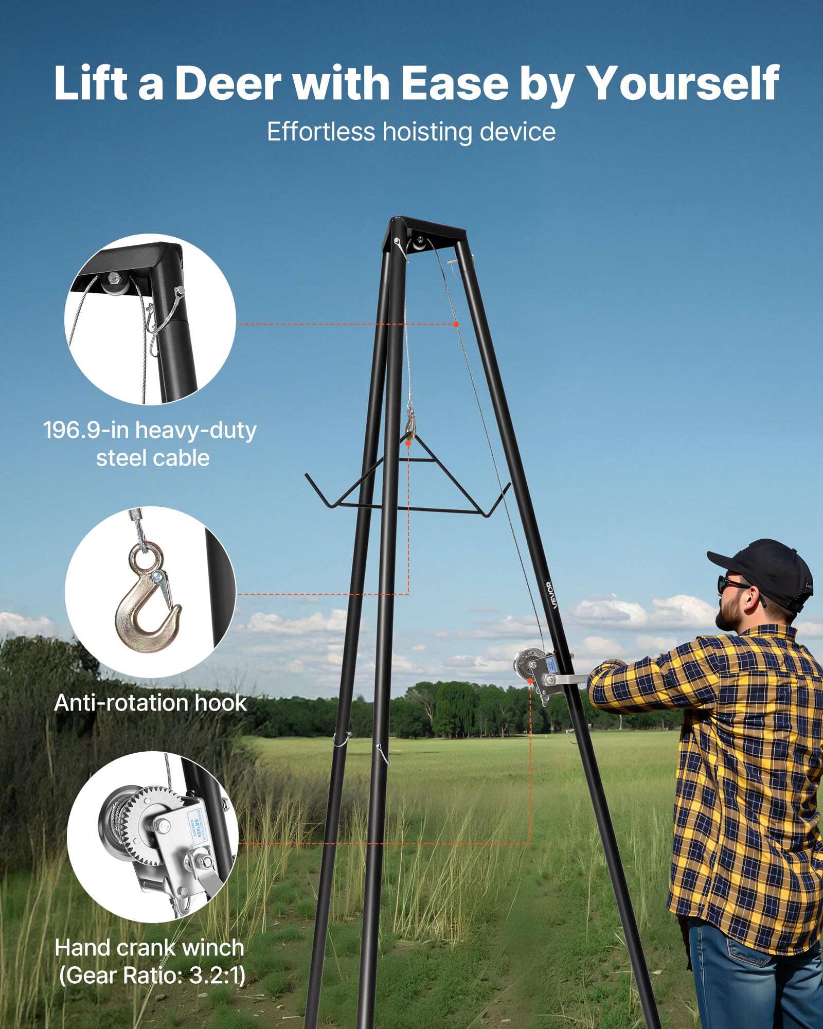VEVOR Game Hoist, 227 kg Tragkraft, Jagd-Wildhebezeug mit Seilwinde und Gambrel, Wildaufhänger, Jagdspiel Zubehör zur Enthäutung und Reinigung von Jagdwild, 1300 x 1100 x 2750 mm, Schwarz
