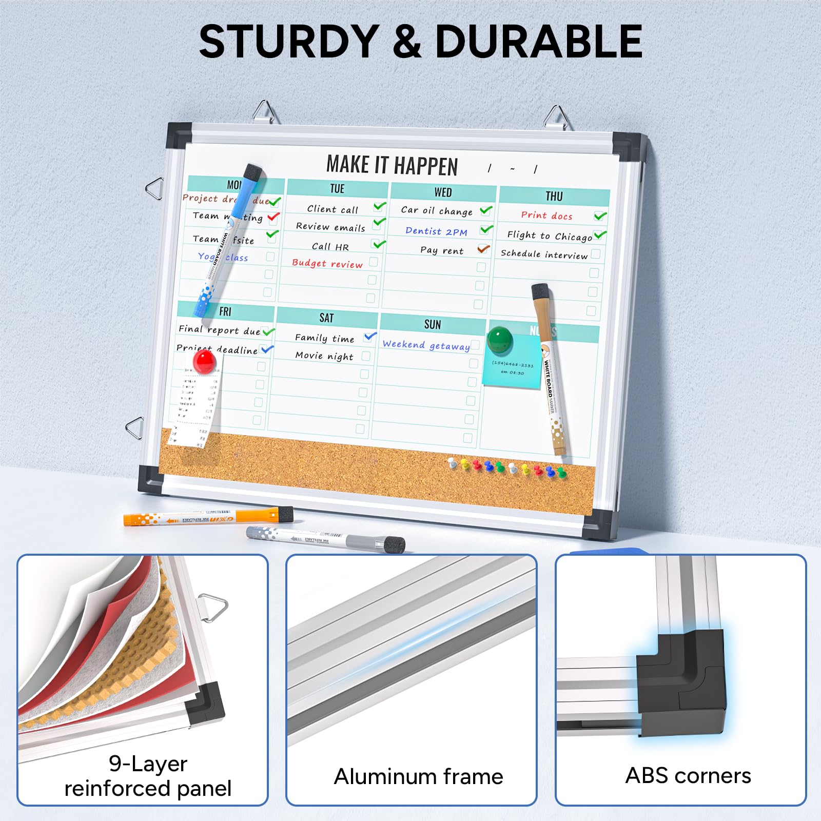Marsrock Weekly Calendar Whiteboard and Cork Board Combo for Wall, 17"x13" Reversible Hanging Dry Erase Board, Double Sided White Board with Aluminum Frame for Planning, Office, Kitchen, School, Home - Image 3