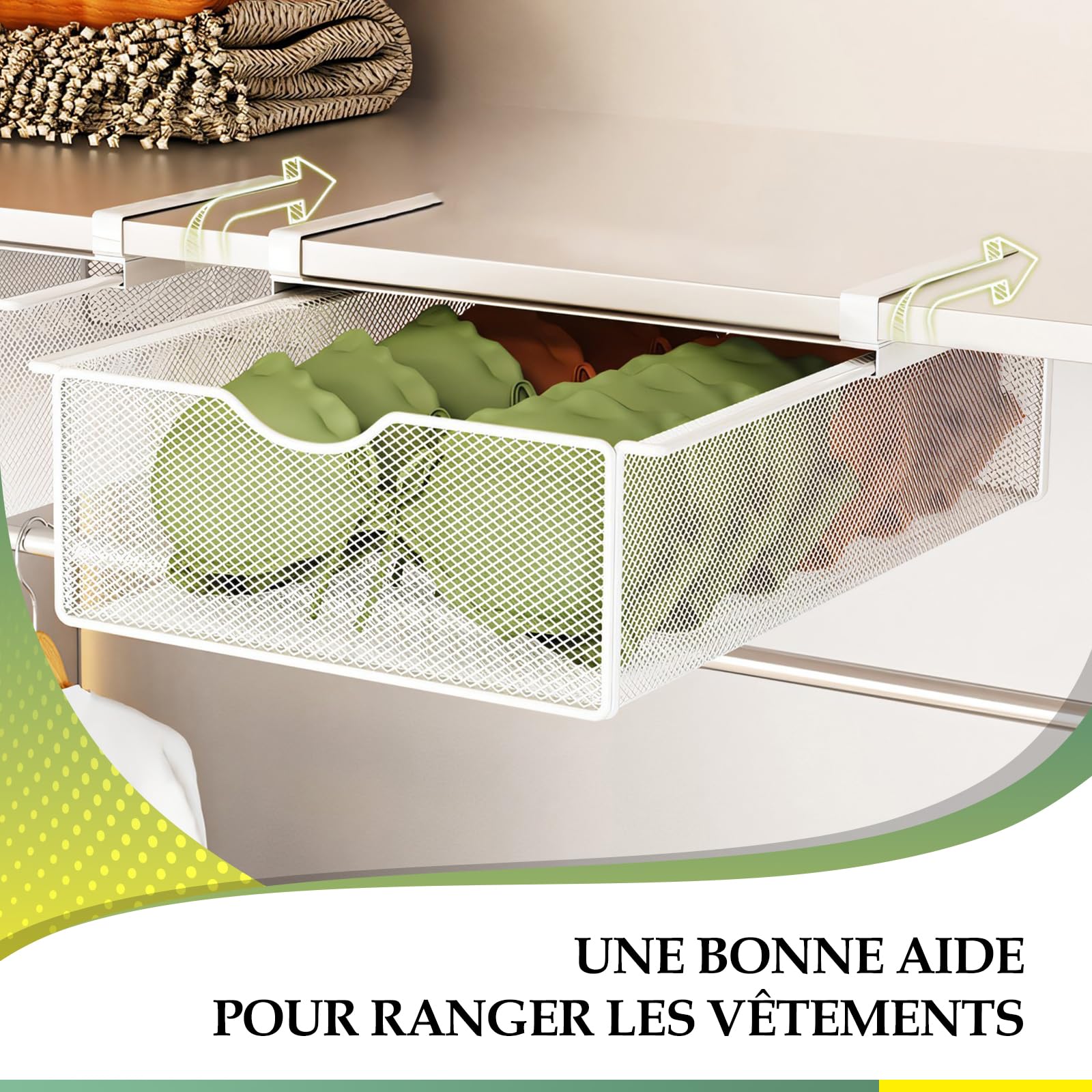 LOVIVER Organiseur de Placard à Suspendre Tiroir Coulissant Suspendu Panier de Rangement en Métal Rangement sous Vêtement Coulissant pour Lit Superposé, Rails de Lit et Armoire, Blanc