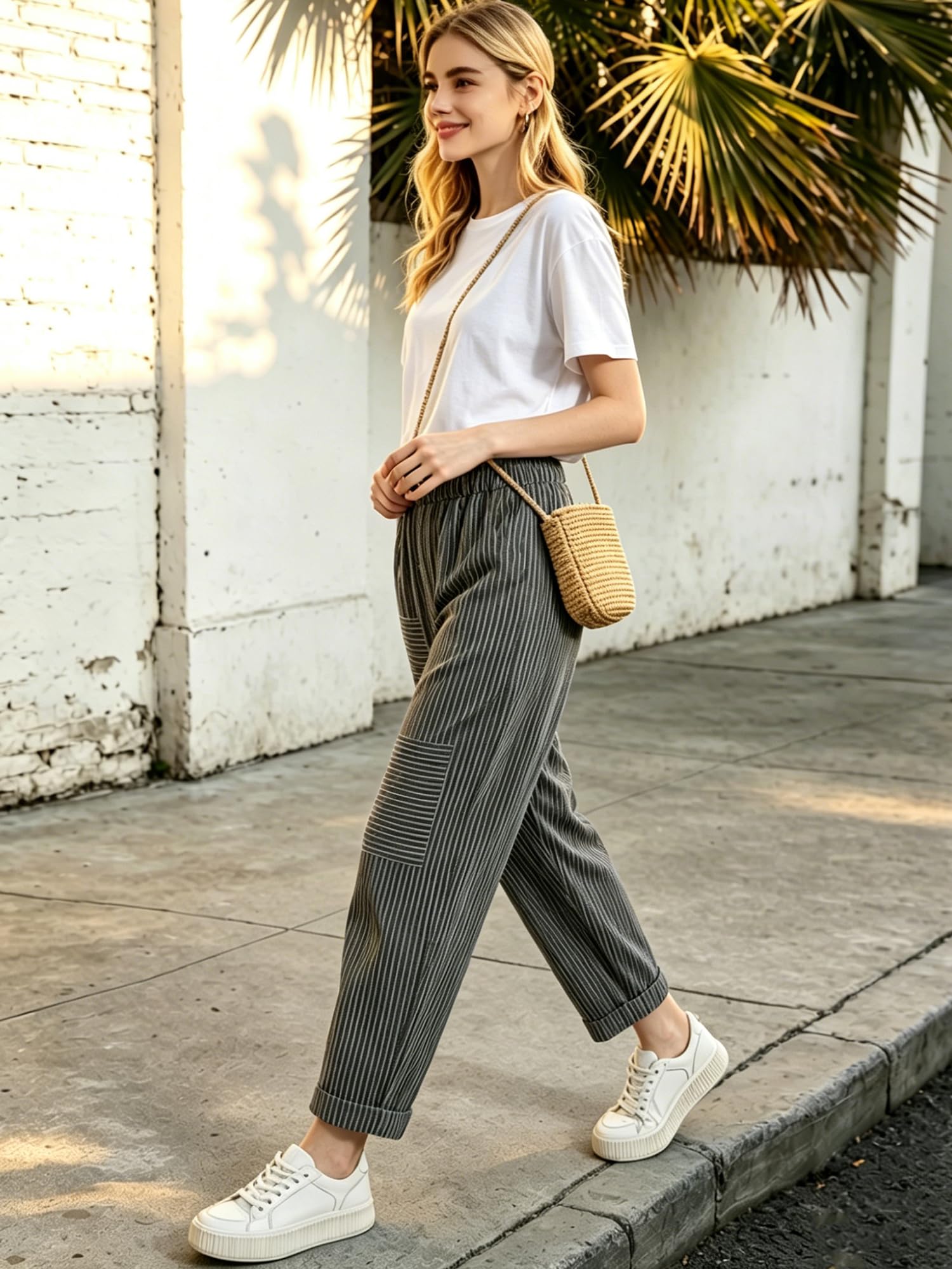 FTCayanz Damen Leinen Gestreift Haremshose Lange Hose