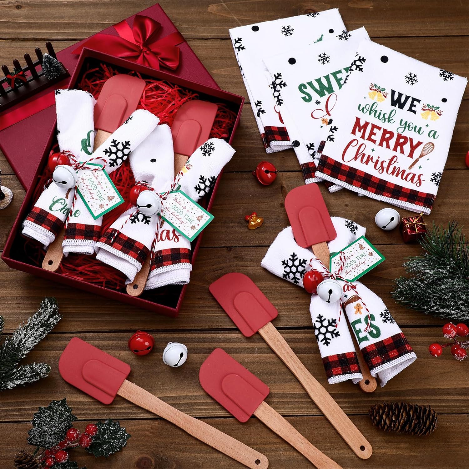 Funnymoom 6 Sets Christmas Kitchen Utensils Gifts Set Silicone Spatulas Christmas Towel Xmas Cooking Tools with Decorative Bell and Tags for Mom Neighbor Cooking Supplies Xmas Stocking Stuffers Gifts