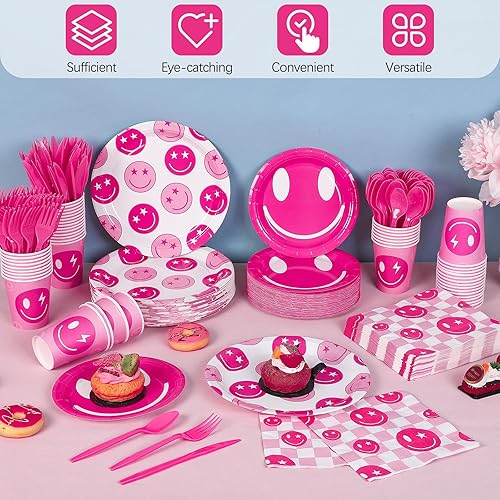 Miniatura 4 de durony 350 piezas de decoraciones de cumpleaños preparadas para 50 invitados disco vaquera suministros de fiesta rosa cara sonriente plato de papel