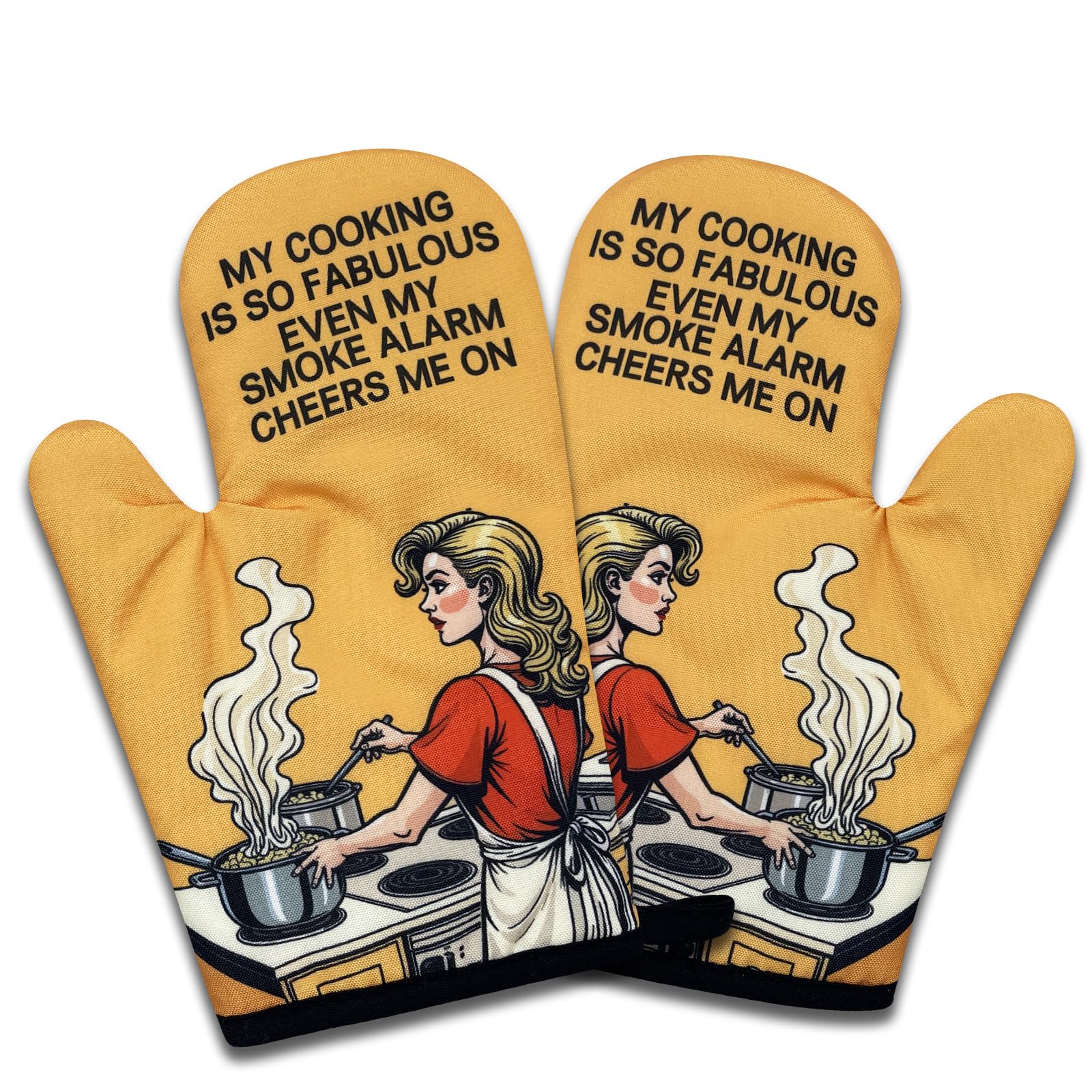 Zestaw 2 zabawnych rękawic kuchennych dla kobiet, "My Cooking is So Fabulous Even My Smoke Alarm Cheers Me On", żaroodporne retro rękawice kuchenne, zabawne prezenty kuchenne