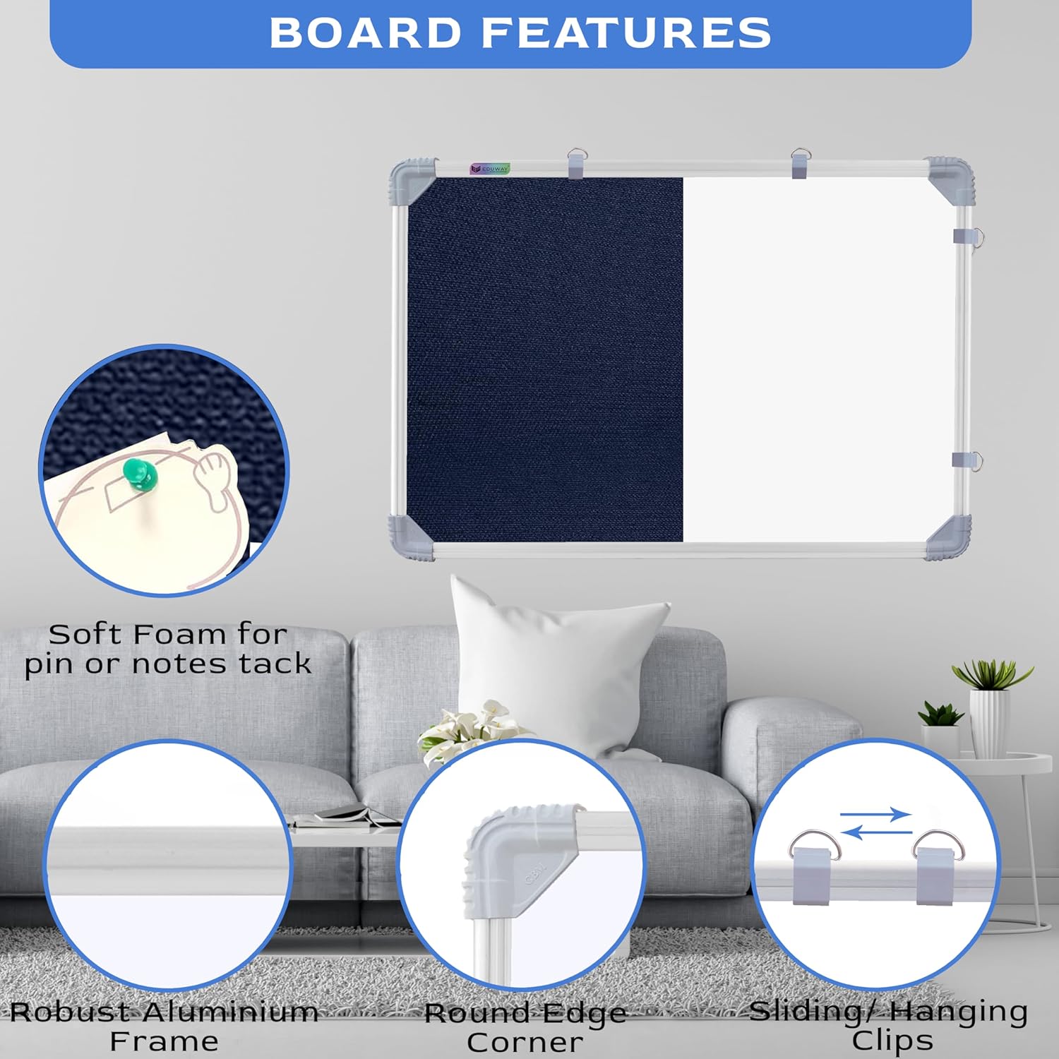 Combination Board 1.5X2 Feet (Non-Magnetic White Board with Blue Pin-Up Notice Board) with Push Pins for Home, Office & School, Heavy-Duty Aluminium Frame (White, Blue) (41X59 cm)