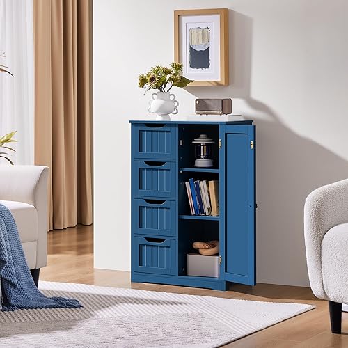 Miniatura 4 de Yaheetech Armario de Piso de Madera para Baño, Organizador de Almacenamiento Lateral con 4 Cajones y 1 Alacena, Unidad de Almacenamiento de Entrada