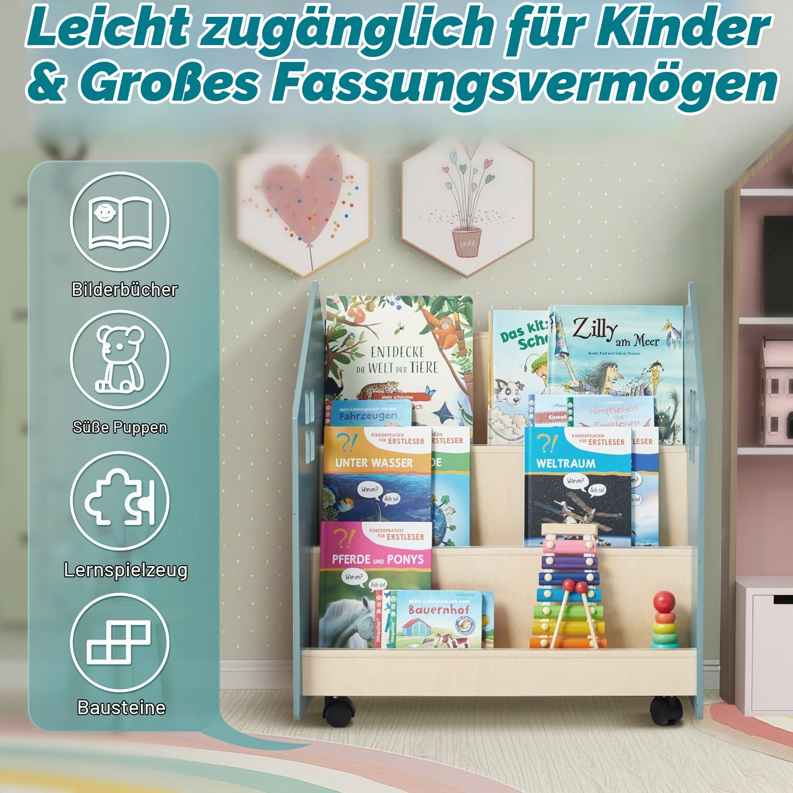 Bücherregal Kinder mit Tafel & Rollen, Montessori Kinderregal Kinderbücherregal mit 3 Fächern, Spielzeug Aufbewahrung Bücher Regal Kinderzimmer, Spielzeugregal Aufbewahrungsregal aus Holz