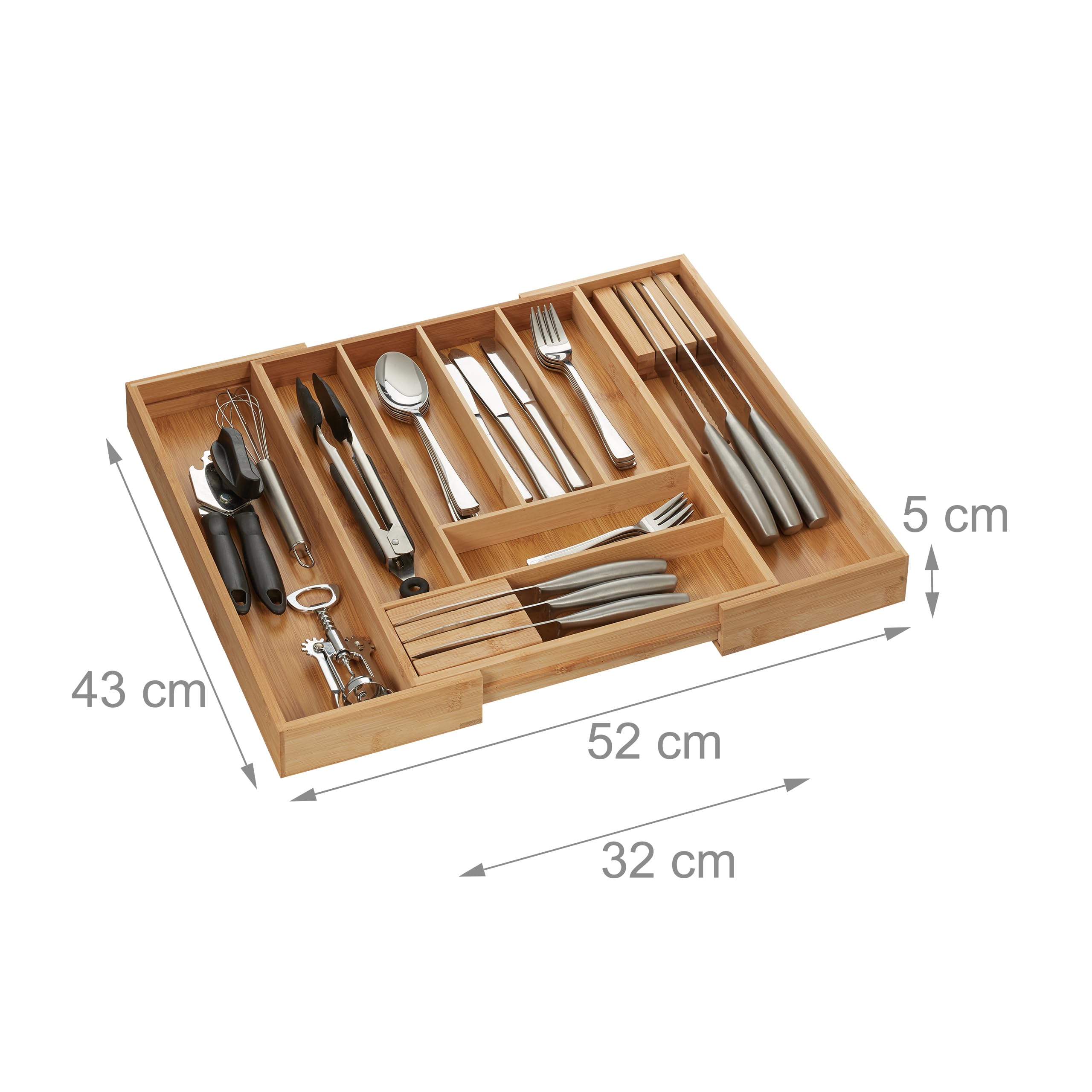 Relaxdays Portaposate da Cassetto, Regolabile, 6-8 Scomparti, 5 x 32 x 43 cm, con 2 Ceppi Portacoltelli, Bambù, Naturale