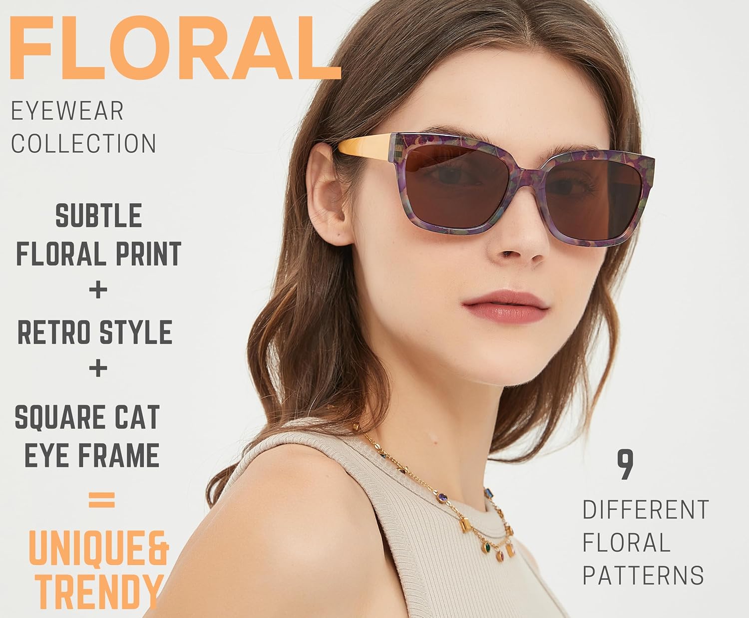 Sunglasses Women's Trendy Retro Floral Design | Polarized Lens UV Protection | Square Cat Eye Frame | Casual & Active Wear - Image 2