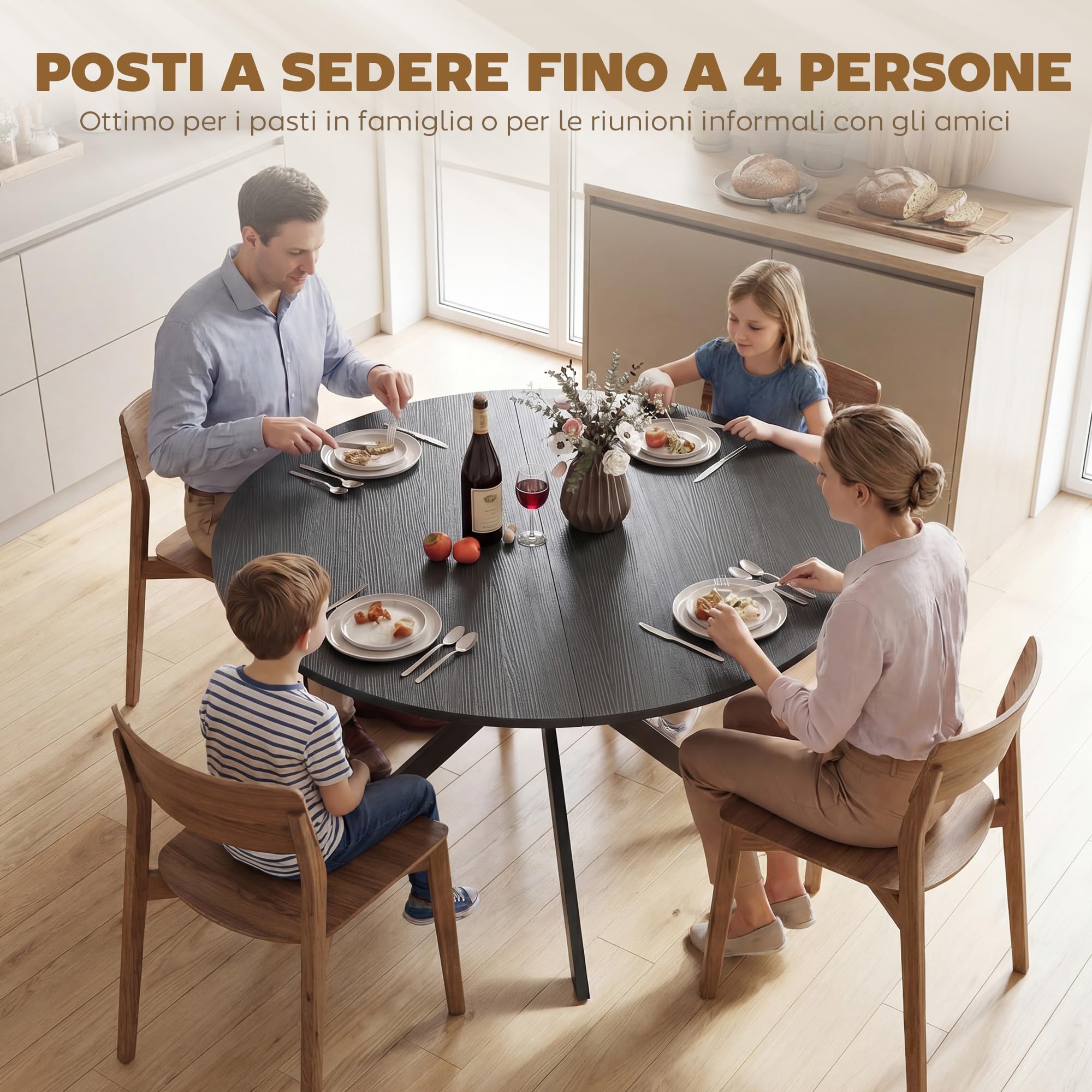 HOMCOM Tavolo da Pranzo Rotondo Ø120 cm, Piano Effetto Legno, Nero