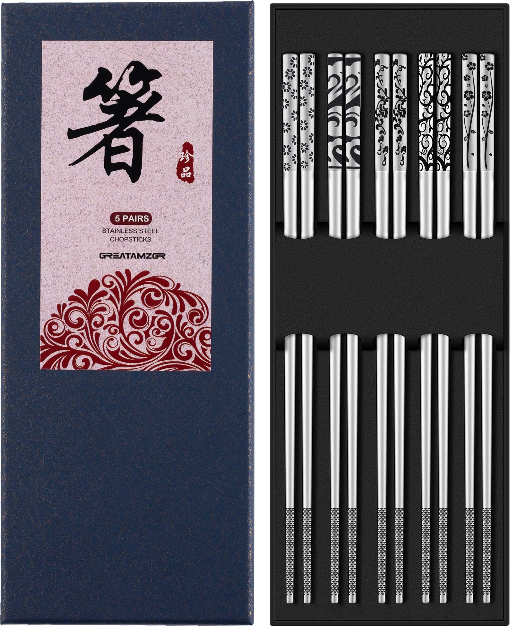 Metal Chopsticks Reusable 316 Stainless Steel Chopsticks Multipack Dishwasher Safe Chop Sticks Square Fancy Laser Engraved Non-slip Korean Chopstick for Cooking Eating 9.45 Inches 5 Pairs Gift Set