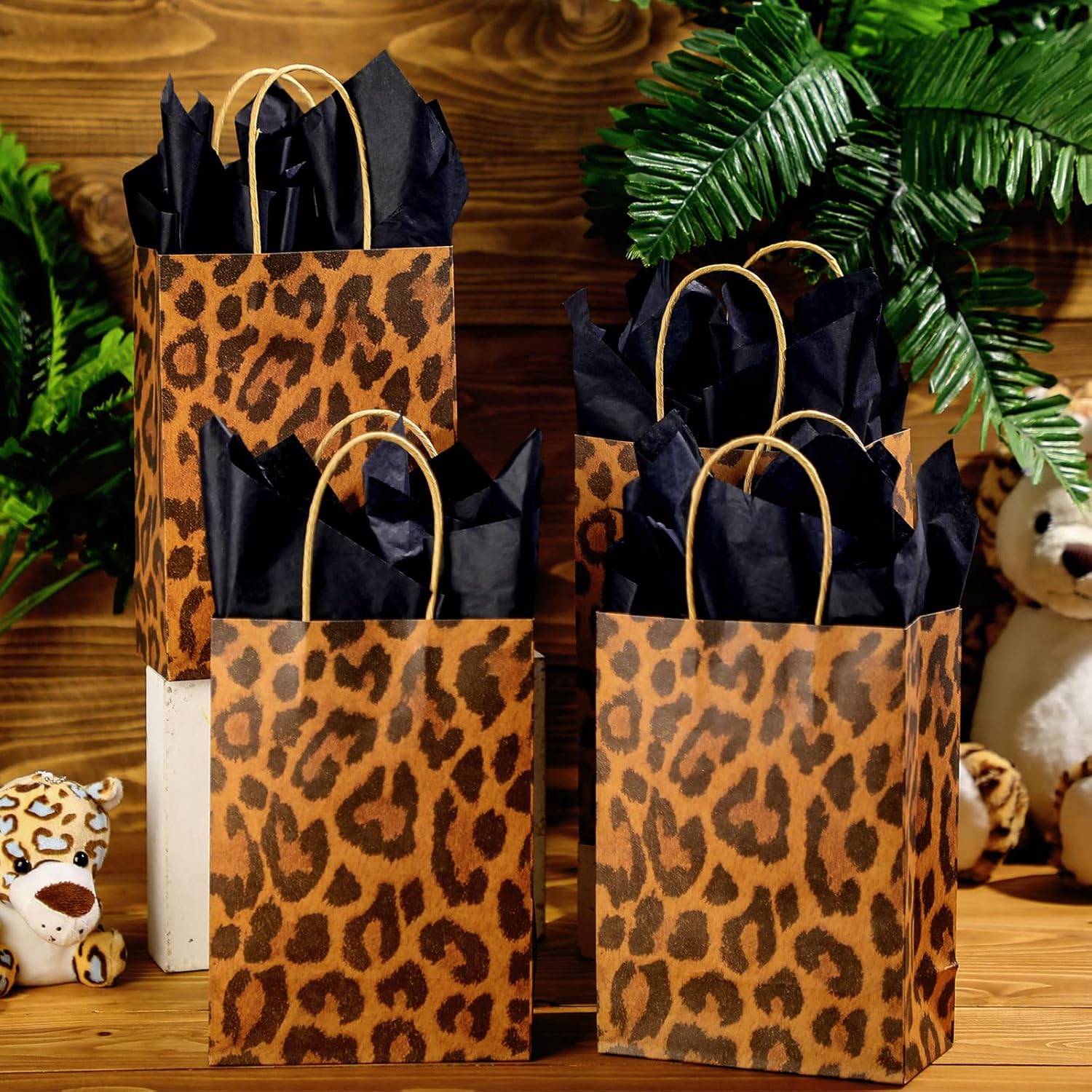 Sepamoon 16 Pcs Leopard Print Gift Bags with Black Tissue 8 x 6 x 3 Jungle Safari Party Favor and Handles Cheetah Treat Goodie Animal Print Kraft Paper Bags for Kids Theme Party Decoration Supplies - Image 4