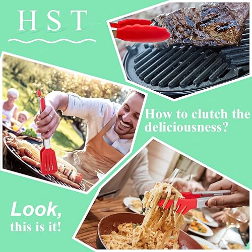Miniatura 5 de HST Paquete de 3 pinzas de cocina, pinzas antiadherentes de acero inoxidable de 9 pulgadas con punta de silicona para cocinar, barbacoa, hornear
