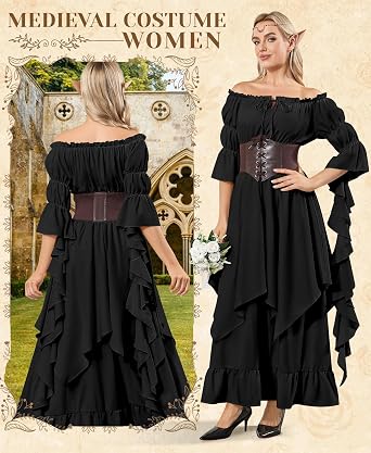 IEEILULU Women Renaissance Medieval Costume - Peasant Irish Victorian Gothic Off Shoulder Ruffle Fairy Maxi Dress 4 Pcs
