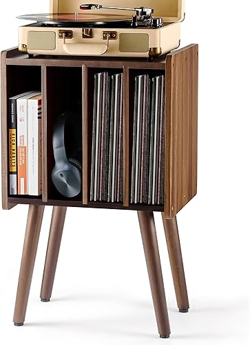 Soporte de madera para tocadiscos, mesa de almacenamiento de discos de vinilo con 4 gabinetes, capacidad para hasta 100 LPs, soporte organizador de