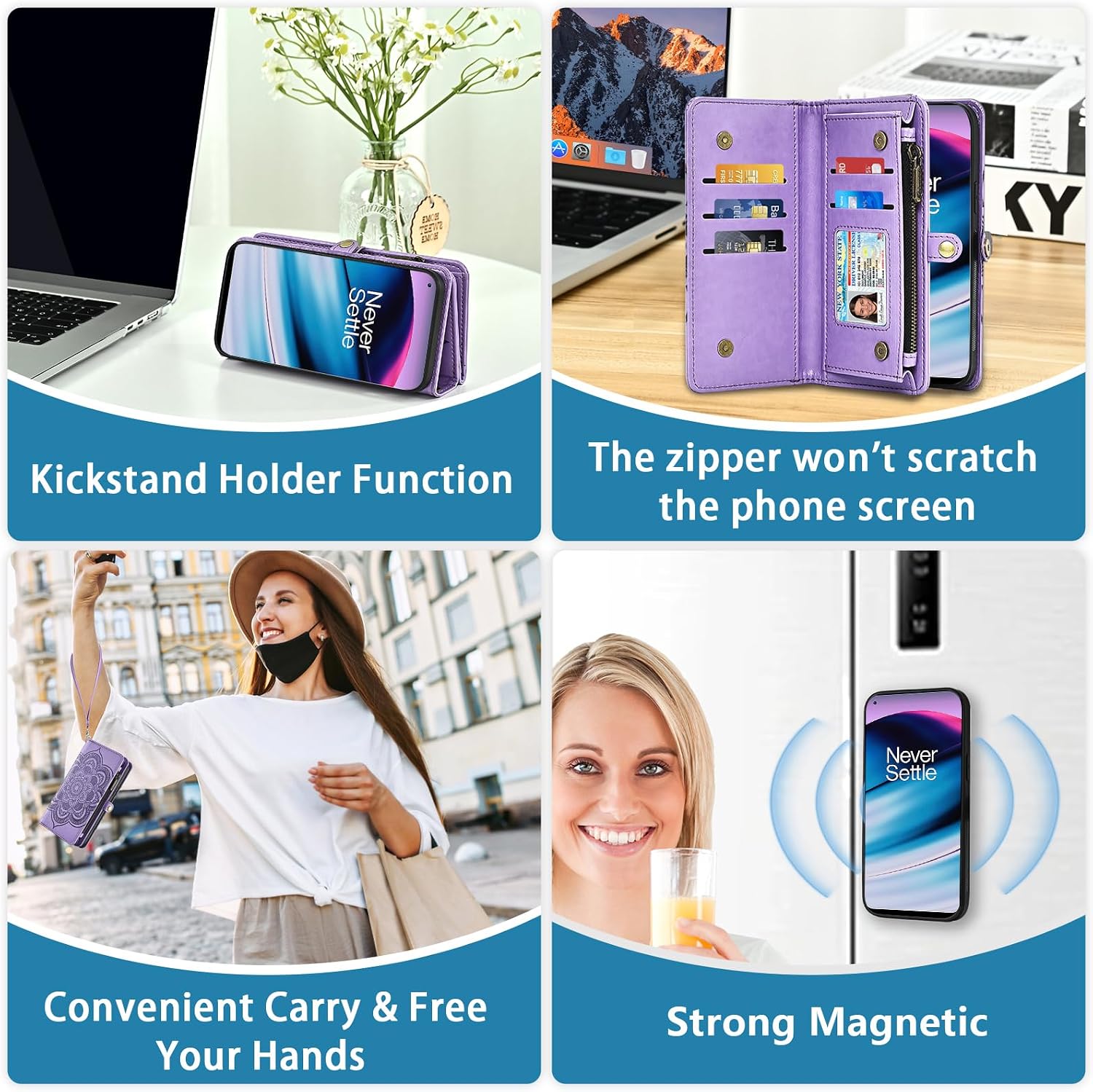 Asuwish Phone Case for OnePlus Nord N20 5G Zipper Wallet Cell Cover with Tempered Glass Screen Protector Strap Flower Card Holder One Plus N 20 G5 1 Plus 20N 1plus One+ 1+ N205G Women Men Girls Purple