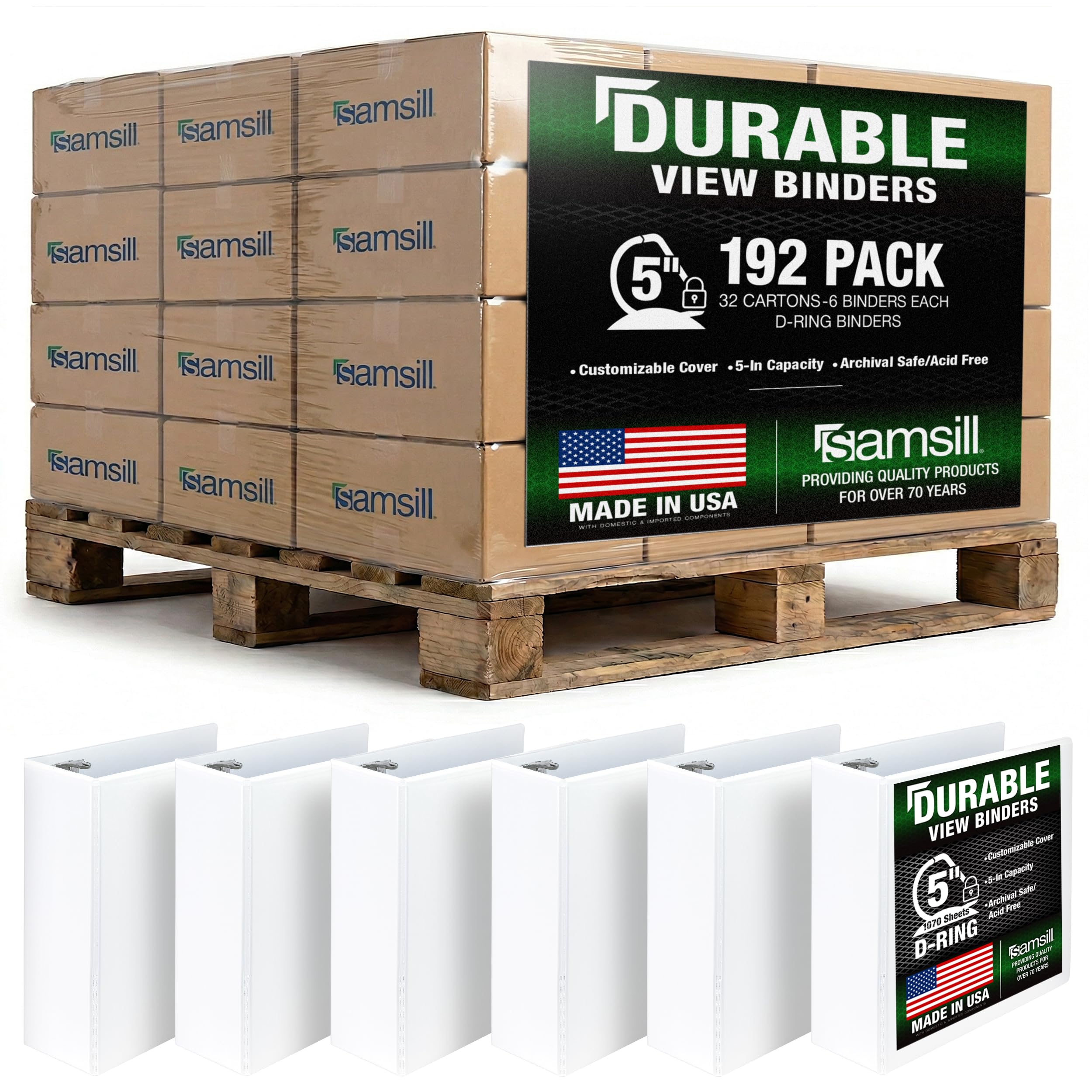Samsill Durable 5 inch 3 Ring Binder, Locking D Ring 100% Recycled Chipboard, White, Pallet of 192 Binders in 32 Cartons