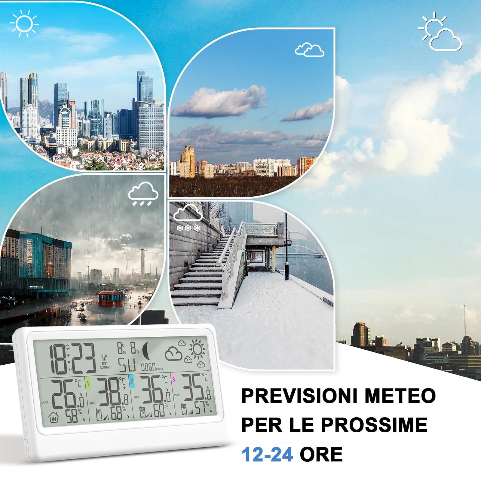Stazione Meteo con 3 Sensore Esterno, Stazione Meteo con Display LCD 8,5”, Termometro Interno ed Esterno, Igrometro, Barometro, Previsioni Meteo, Fasi Lunari, Sveglia, Funzione Snooze e RCC