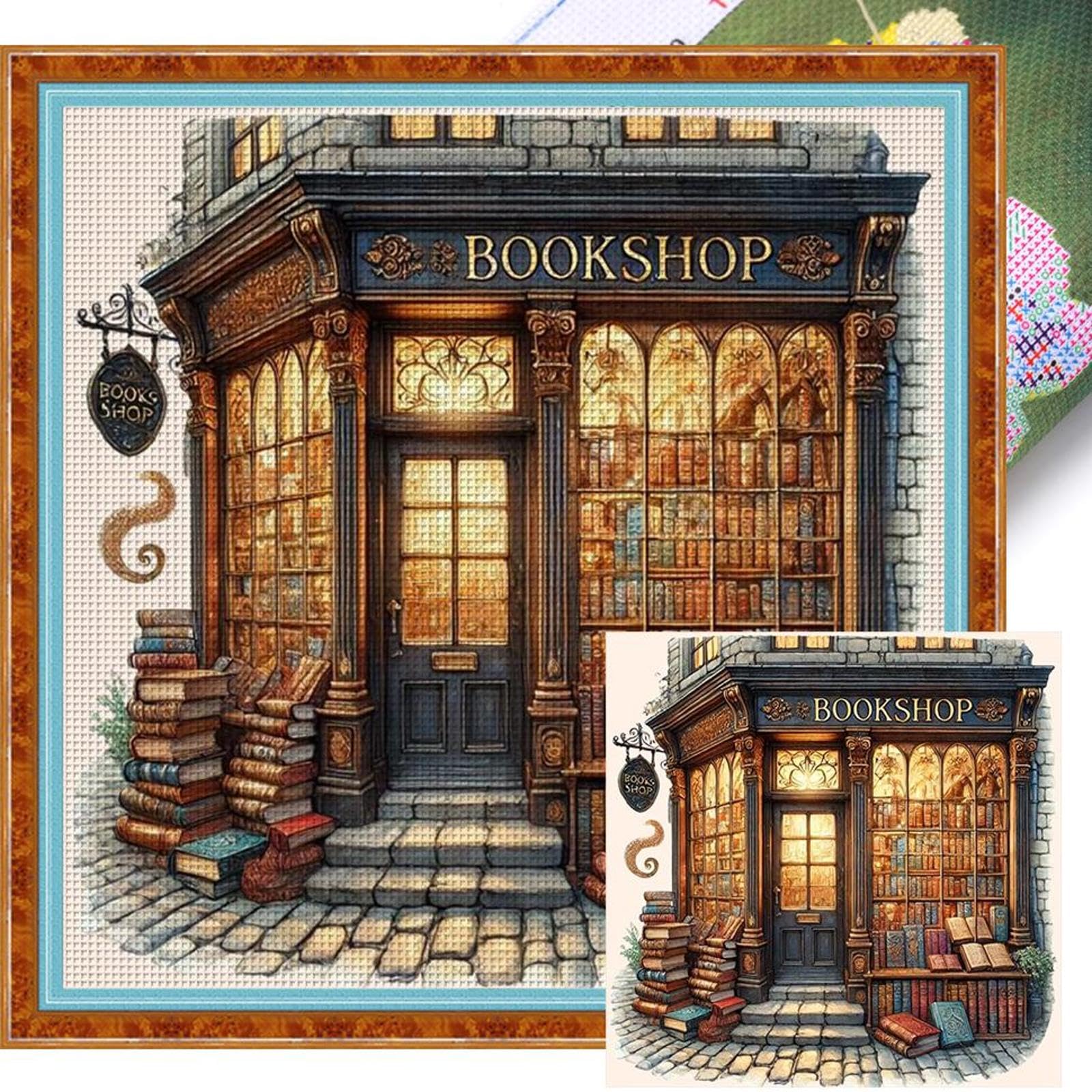 AMZGSHOP Bookstore Full 11CT 3 Strands DIY Stamped Printed Cross-Stitch Kits 19.69x19.69inch Embroidery Needlepoint Starter Kits for Beginners Adults Home Decor