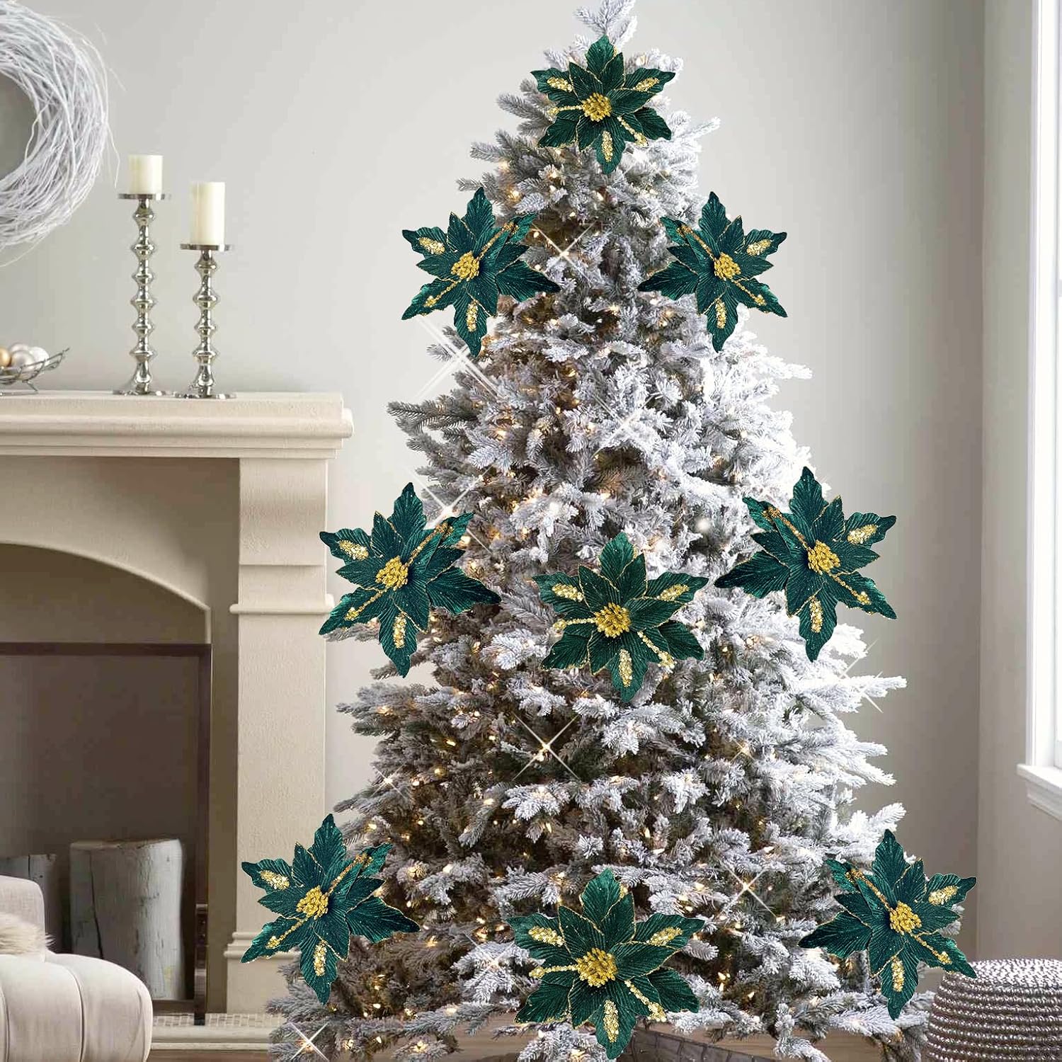 6 PCS Large Glitter Poinsettia Flowers 11 Inches Artificial Christmas Flowers Decoration Christmas Tree Ornaments Wreath Garland Decoration (Forest Green)