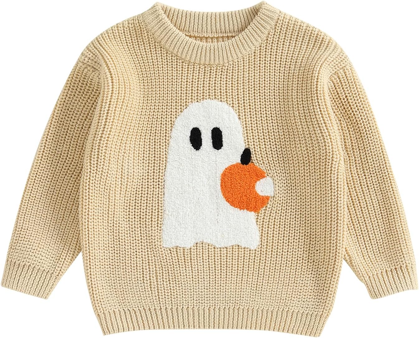 Baby Boy Girl Halloween Sweater Ghost Embroidery Long Sleeve Chunky Knit Tops Newborn Fall Winter Clothes