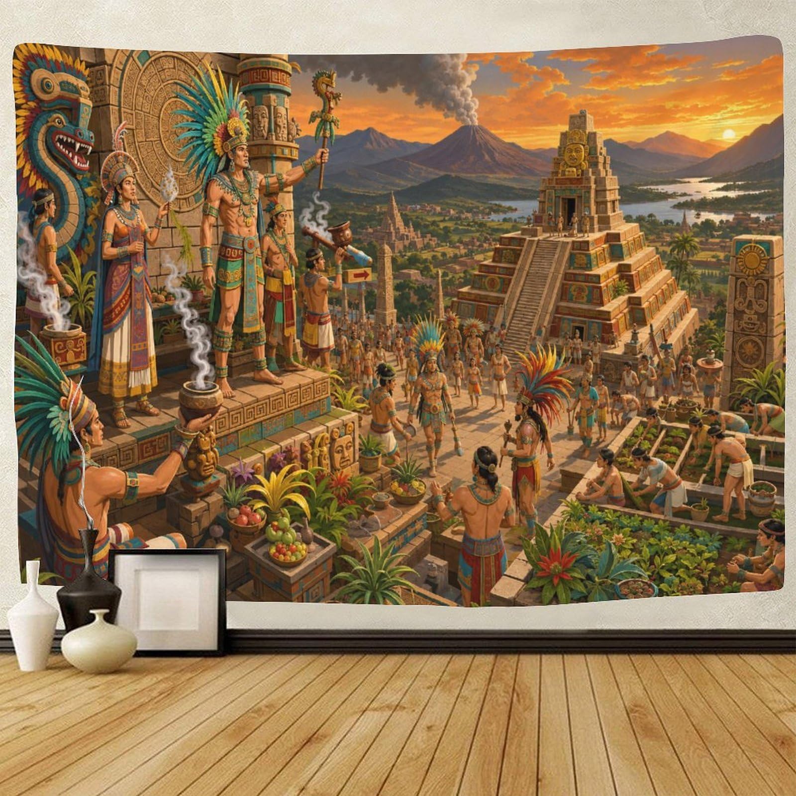 ASDFGHJKLZA Ancient Aztec Tapestry for Bedroom Wall Art Decor 3D Print Mayan Pyramids Tapestries Poster Home Decoration Living Room College Dorm 100cmx150cm