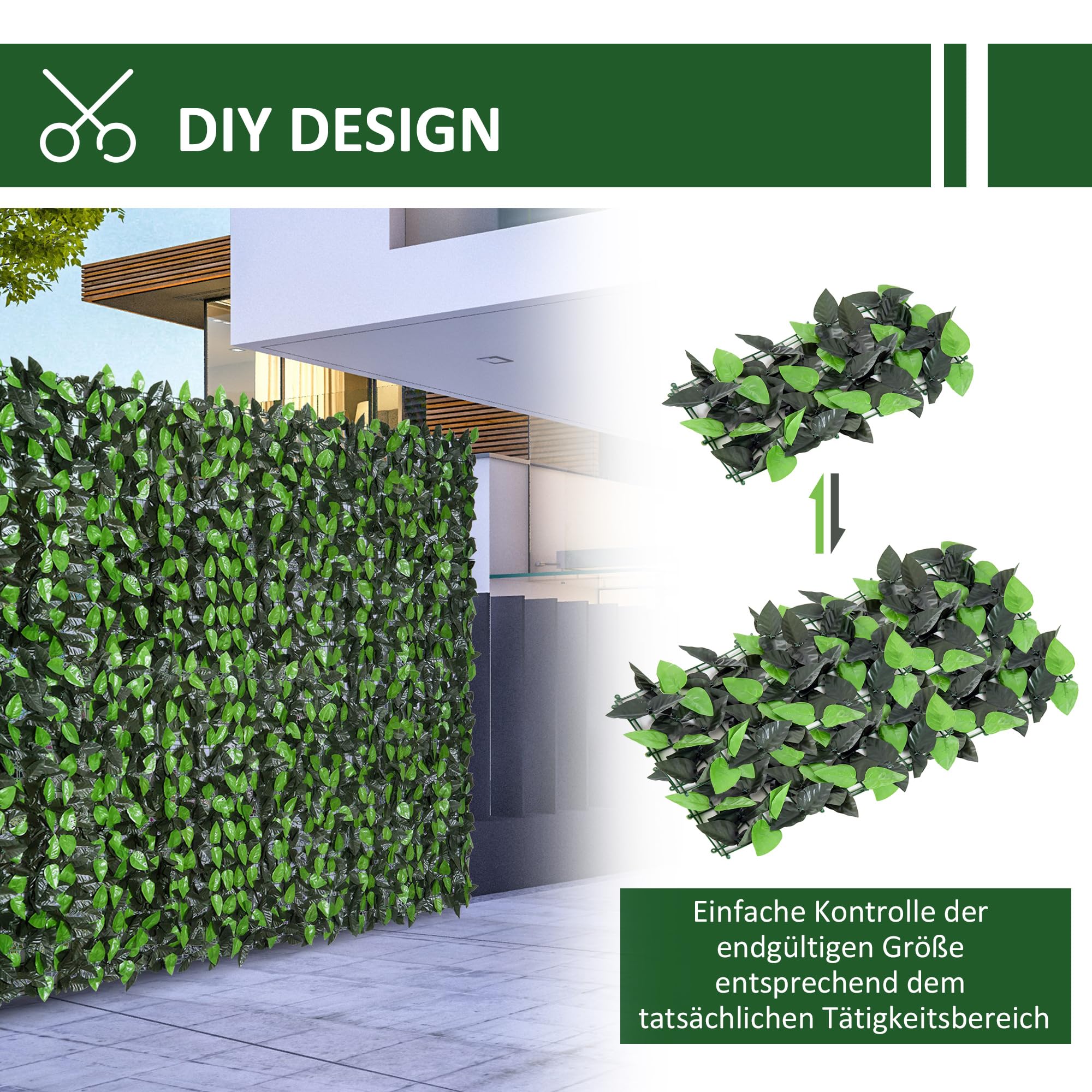 Outsunny Künstlicher Hecken Sichtschutz UV Geschützt 300 x 100 cm Grün | Balkon Sichtschutze, Zaun Sichtschutzgitter Mit Blättern, Hecken Zaun, WandKünstliche, für Garten Hochzeit