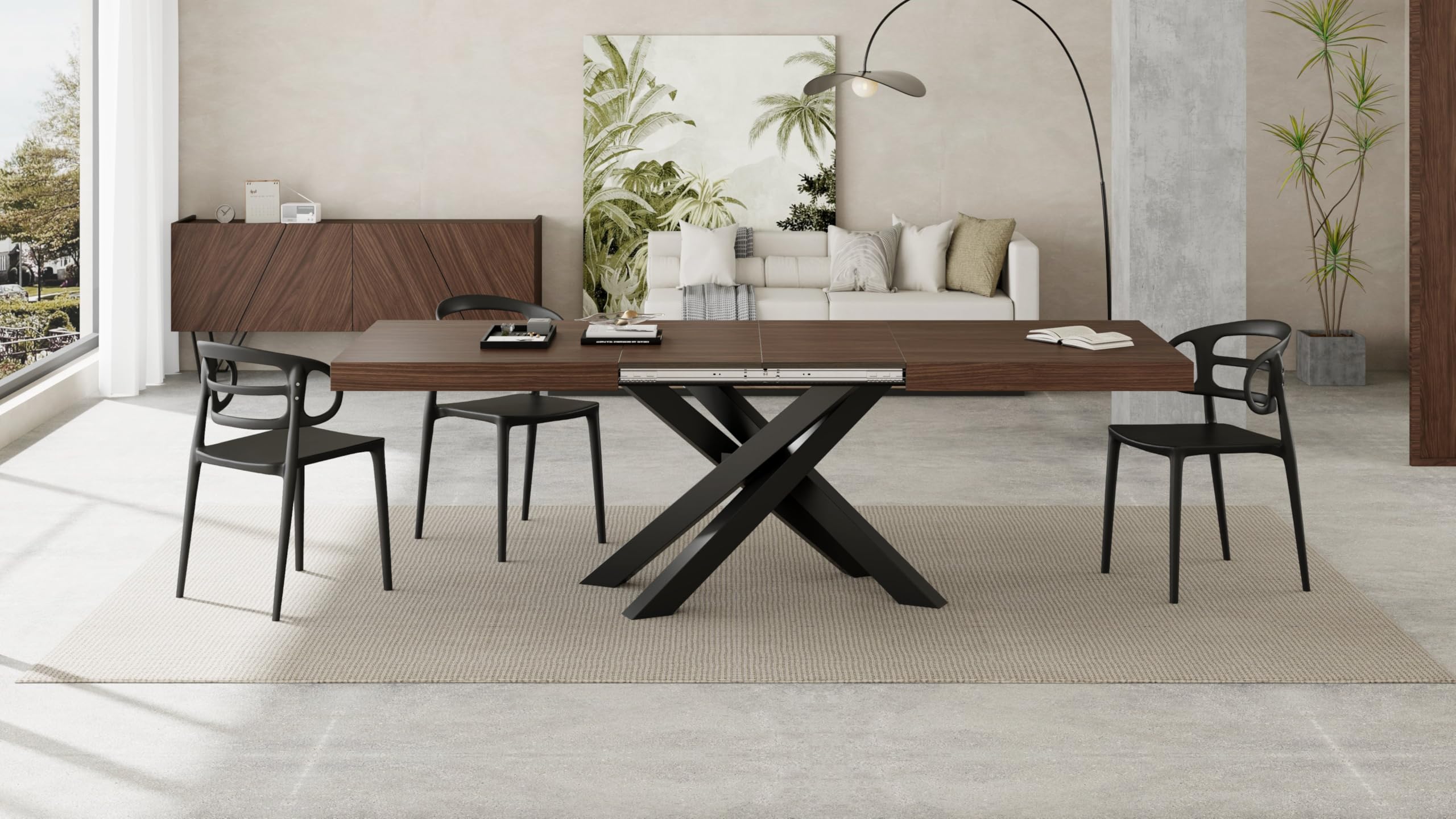 Mobili Fiver, Tavolo Allungabile Emma 160(240) x90 cm, Noce Canaletto con Gambe Incrociate Nere, per 6-10 persone, Tavolo Cucina, Soggiorno, Made in Italy