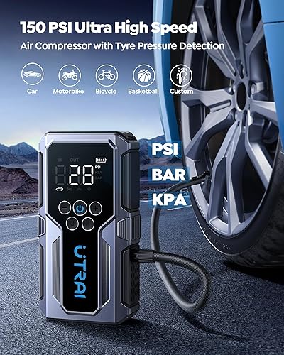 Miniatura 3 de UTRAI - Arrancador de coche con compresor de aire, 4000A 150PSI, arrancador de coche de 12V, arrancador de coche portátil con luces LED, cable de