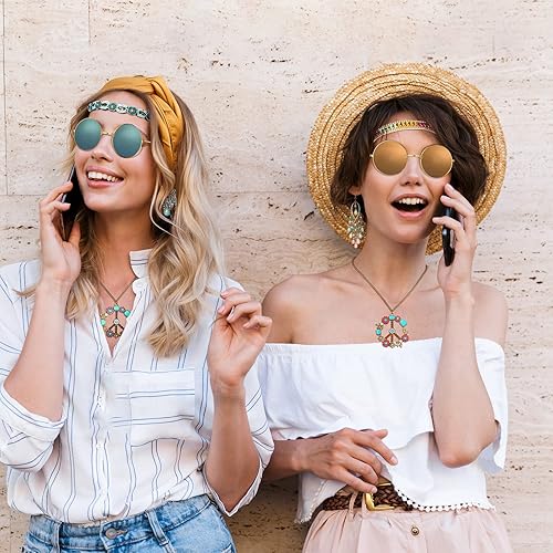 Miniatura 5 de Kenning Juego de 8 piezas de disfraz hippie de los años 60 y 70, accesorios de fiesta, juego hippie que incluye gafas de sol redondas, diadema