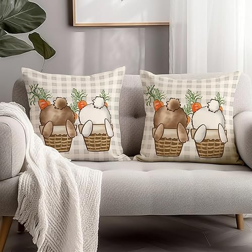 Miniatura 5 de Cofox - Juego de 2 fundas de almohada de conejo de Pascua de 18 x 18 pulgadas, fundas de almohada de conejo, fundas de almohada de búfalo a cuadros,