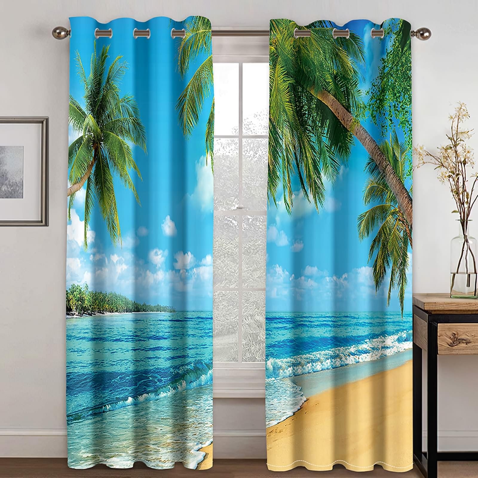 Vorhang Verdunkelung 183 cm Lang, Blickdichte Vorhänge mit Ösen 2er Set Blau Grün Meer Strand Palmen Landschaft Gardinen für Schlafzimmer Kinderzimmer Wohnzimmer, 102x183 cm(BxH)