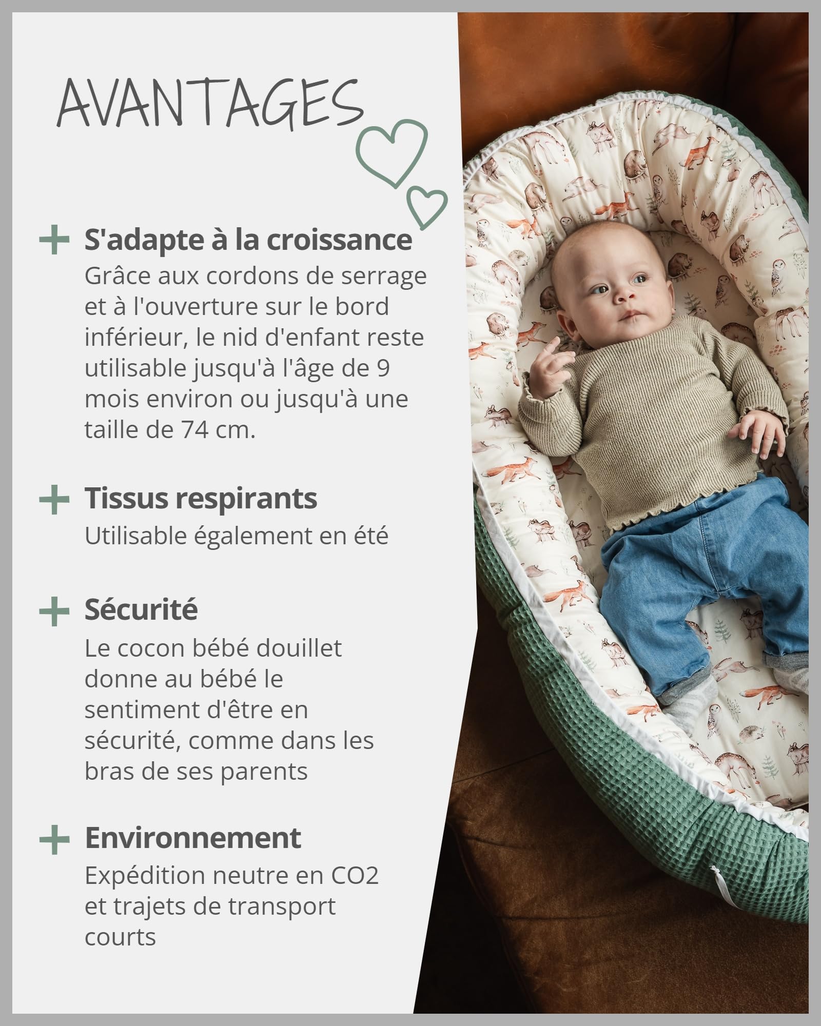 Reducteur de lit bébé ULLENBOOM Amis de la forêt (55 x 95 cm) Cocon bébé, Nid de bébé, nid en coton, utilisable comme coussin pour bébé e cale bebe