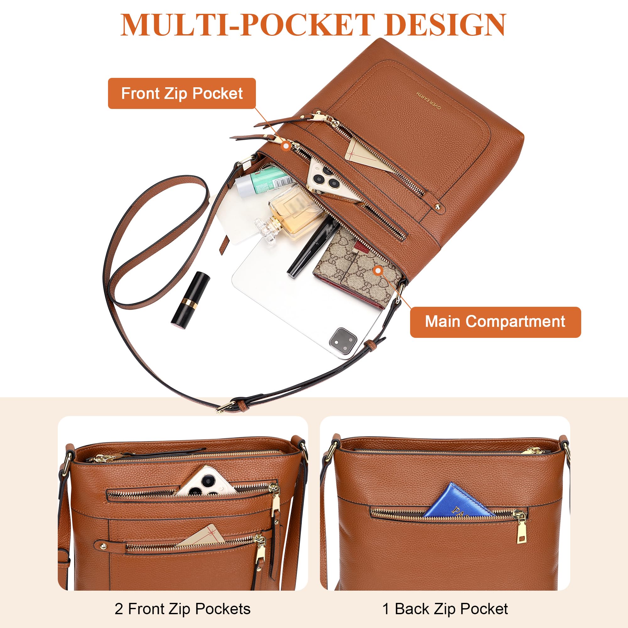 Over Earth Borse a tracolla da donna in pelle per donne con tasche multiple