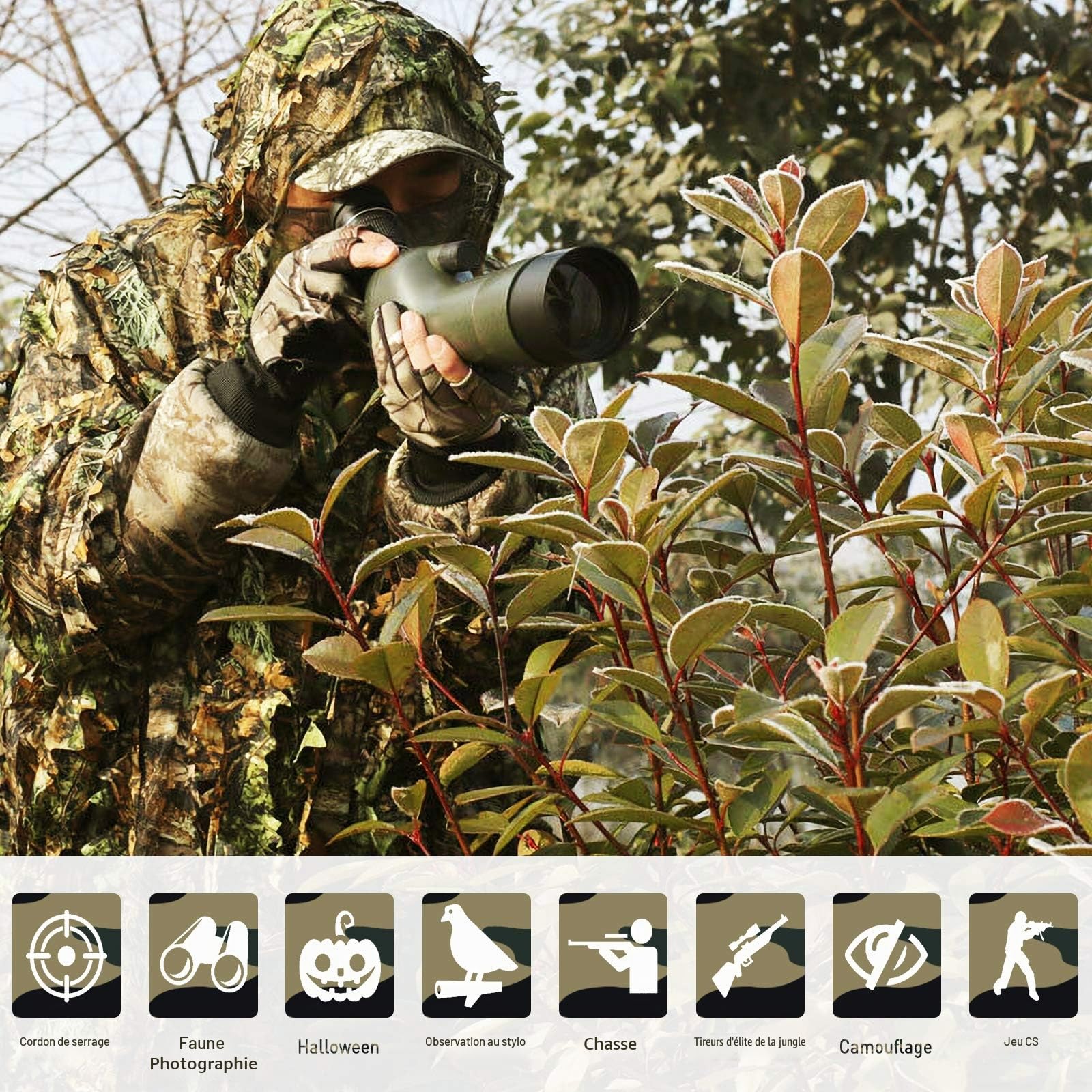Poncho de camouflage Ghillie en 3D - Motif feuilles - Pour la chasse et la chasse
