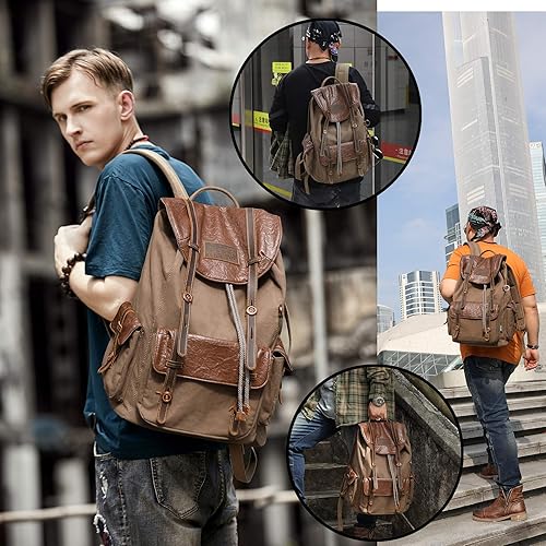 Miniatura 6 de Mochila de cuero para hombre, mochila vintage impermeable, mochila para hombre, senderismo, viajes al aire libre, gris, 16 pulgadas, Viajar
