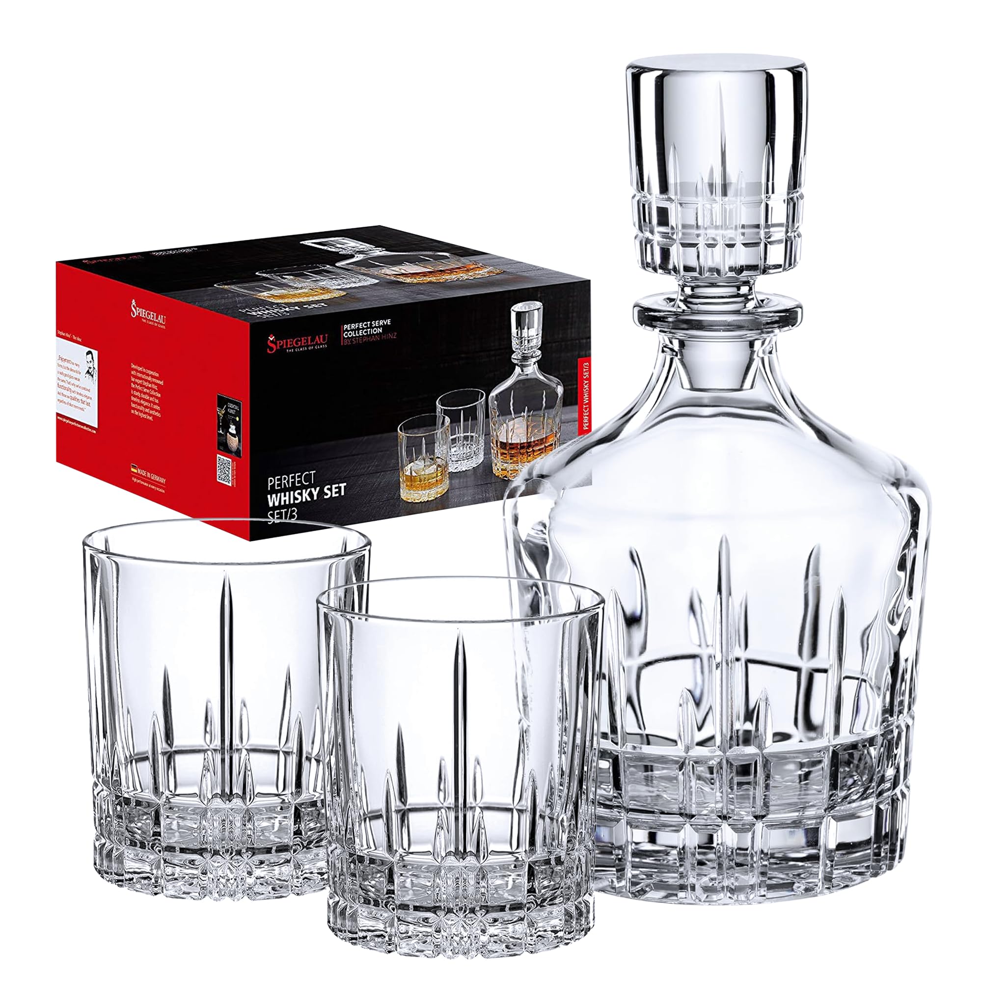 Spiegelau & Nachtmann Perfect Serve 4500198 - Juego de vasos de whisky, 3 piezas, decantador y dos vasos de cristal | Jarra de cristal con 2 vasos de whisky