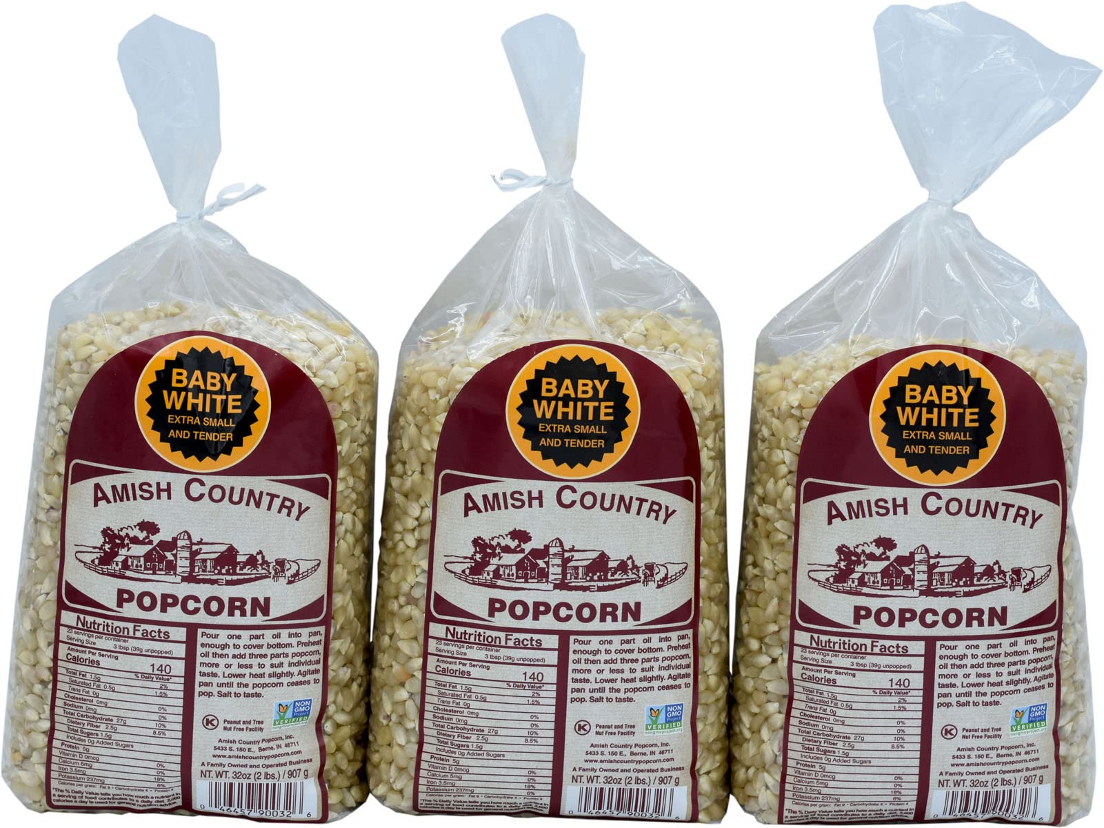 Amish Country Popcorn | 3-2 lb Bags | Baby White Popcorn Kernels | Old Fashioned, Non-GMO and Gluten Free (3-2 lb Bags) 2Pound (Pack of 3)