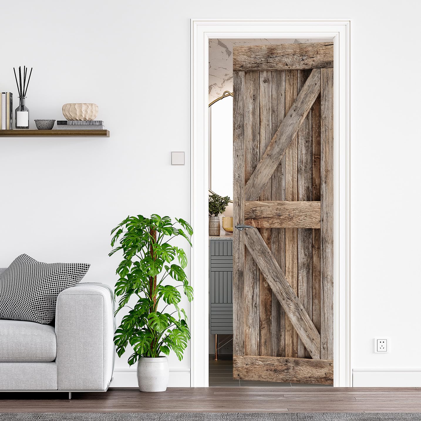 Holzoptik Türtapete Selbstklebend 100x200, 3D Grau Türbilder Türfolie Türposter Türaufkleber Selbstklebende PVC, Türdeko Holzoptik